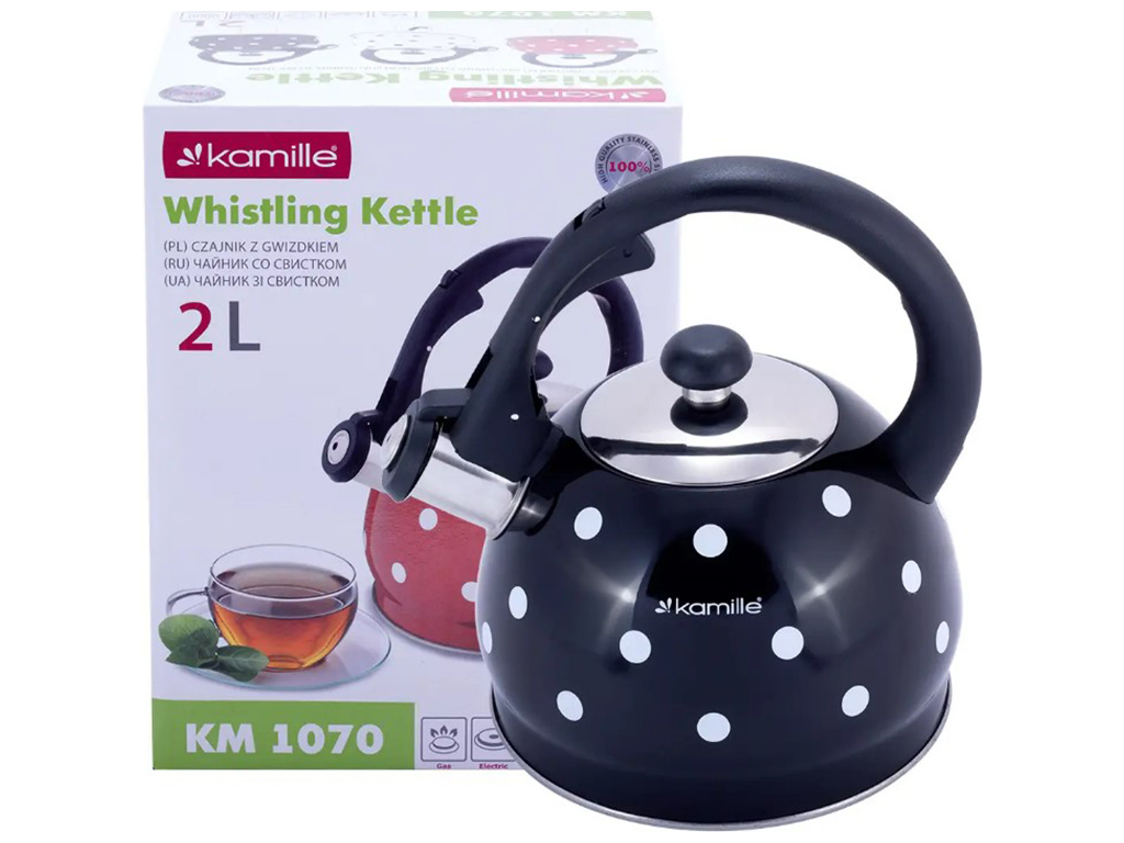 Чайник Kamille из нержавеющей стали со свистком, черный, 2л