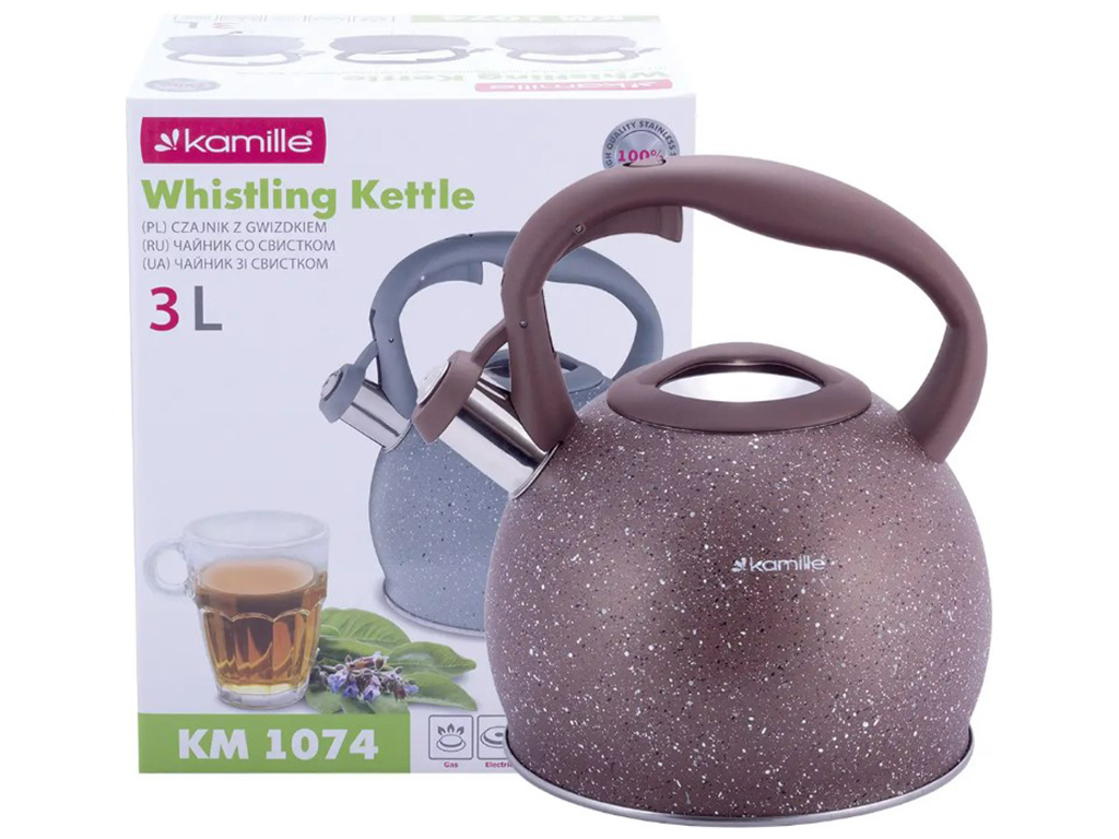 Чайник Kamille из нержавеющей стали со свистком и ручкой soft touch, 3л, коричневый