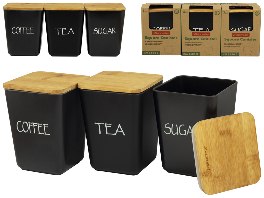 Набор емкостей Kamille бамбуковая крышка, черные 11х11х10,6см (цена за набор 3 предмета)