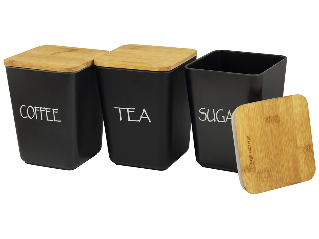 Набор емкостей Kamille бамбуковая крышка, черные 11х11х10,6см (цена за набор 3 предмета)