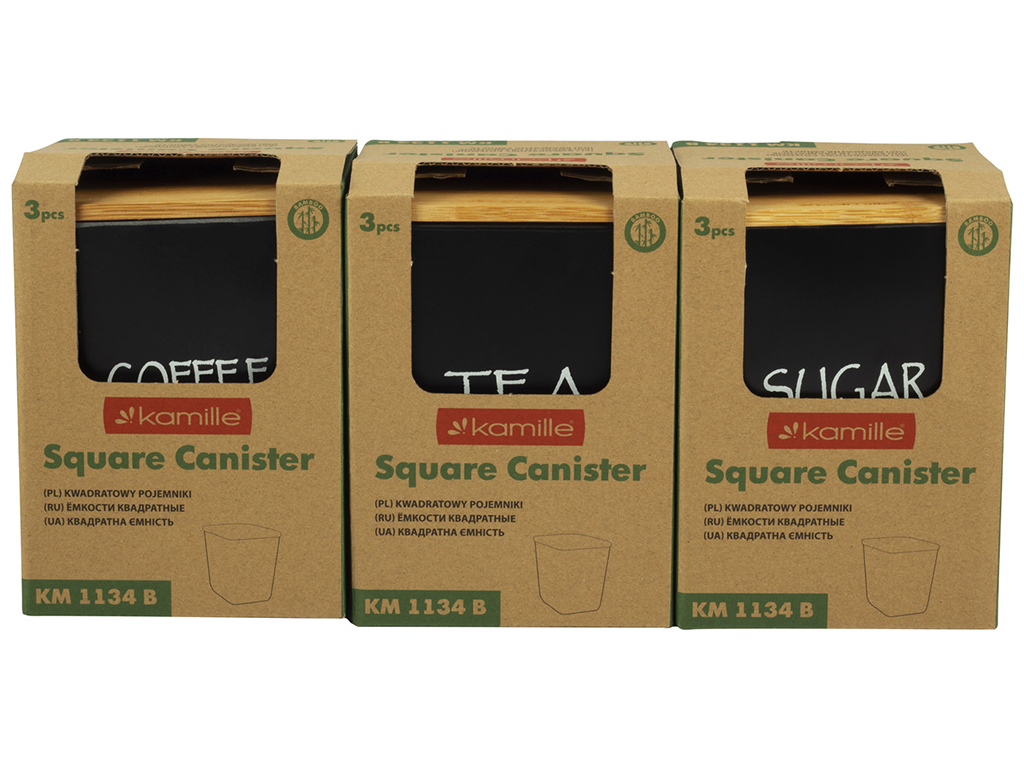 Набор емкостей Kamille бамбуковая крышка, черные 11х11х10,6см (цена за набор 3 предмета)