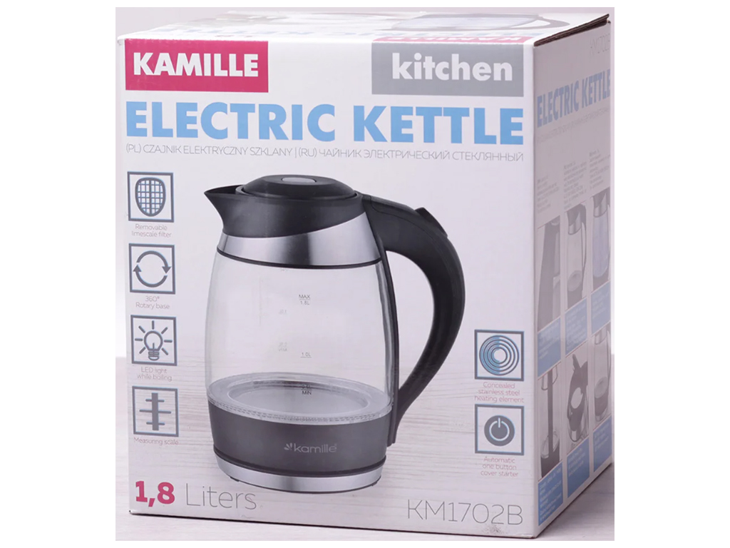 Чайник електричний Kamille скляний з синім LED підсвічуванням 1850-2200Вт 1,8л