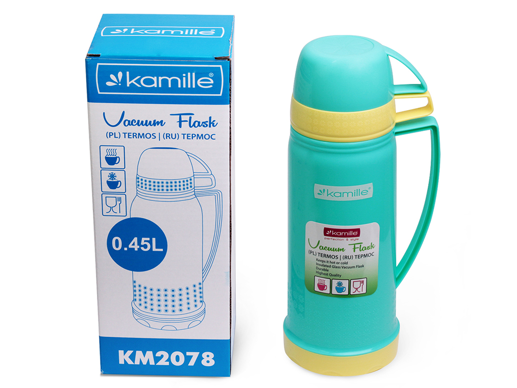 Термос Kamille 450мл пластиковий зі скляною колбою, 2 чашки