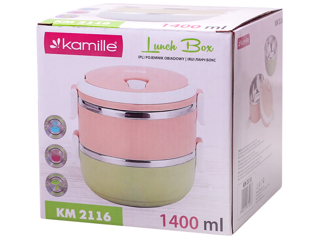 Ланч бокс двойной Kamille 1,4л пластиковый с крышкой, внутренняя емкость из нержавеющей стали