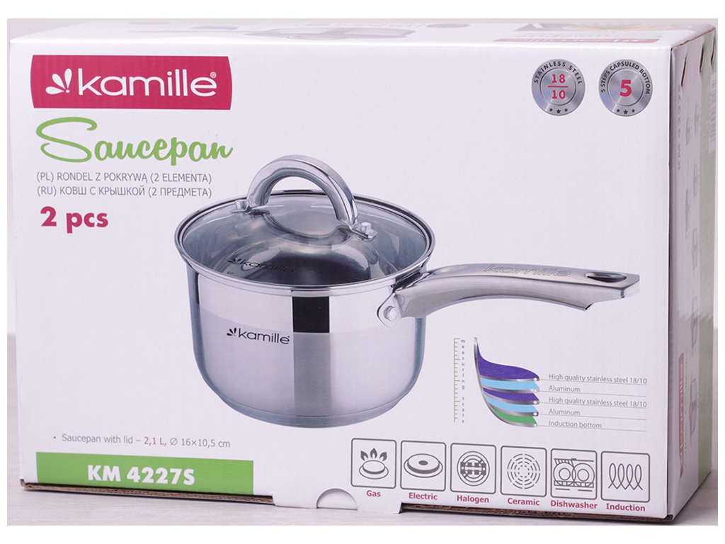 Ковш со стеклянной крышкой Kamille нержавеющая сталь D16см 2л