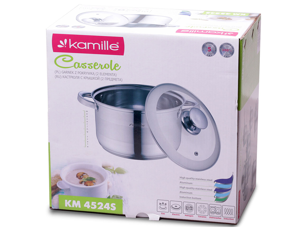 Каструля з кришкою і порожніми ручками Kamille нержавіюча сталь з сатиновим напиленням D24см 6,5л