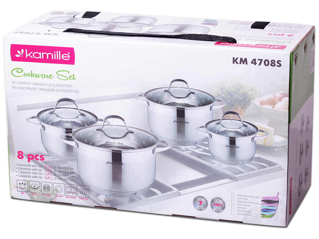 Набір каструль Kamille7-шарове дно, з нержавіючої сталі 8 предметів (1,8л, 2,3л, 3,3л, 5,8л)