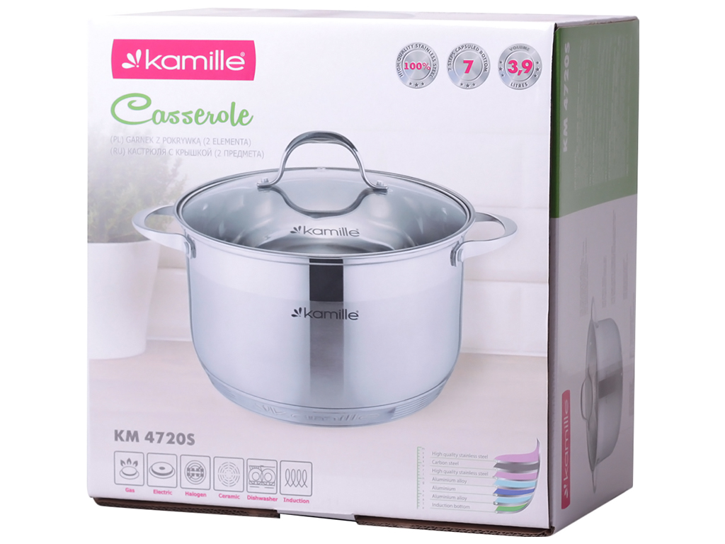 Кастрюля из нерж. стали с крышкой и стальными ручками Kamille, 7-слойное дно, 22x13,5см, 4,7л