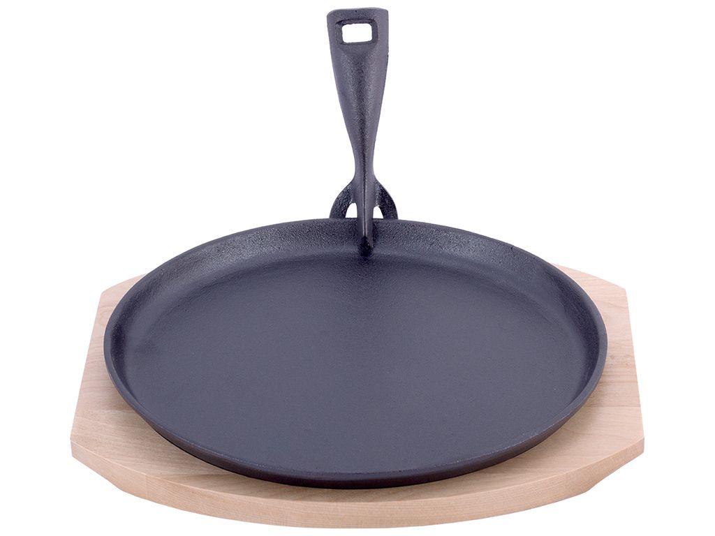 Сковорода чугунная Kamille с деревянной подставкой D25см