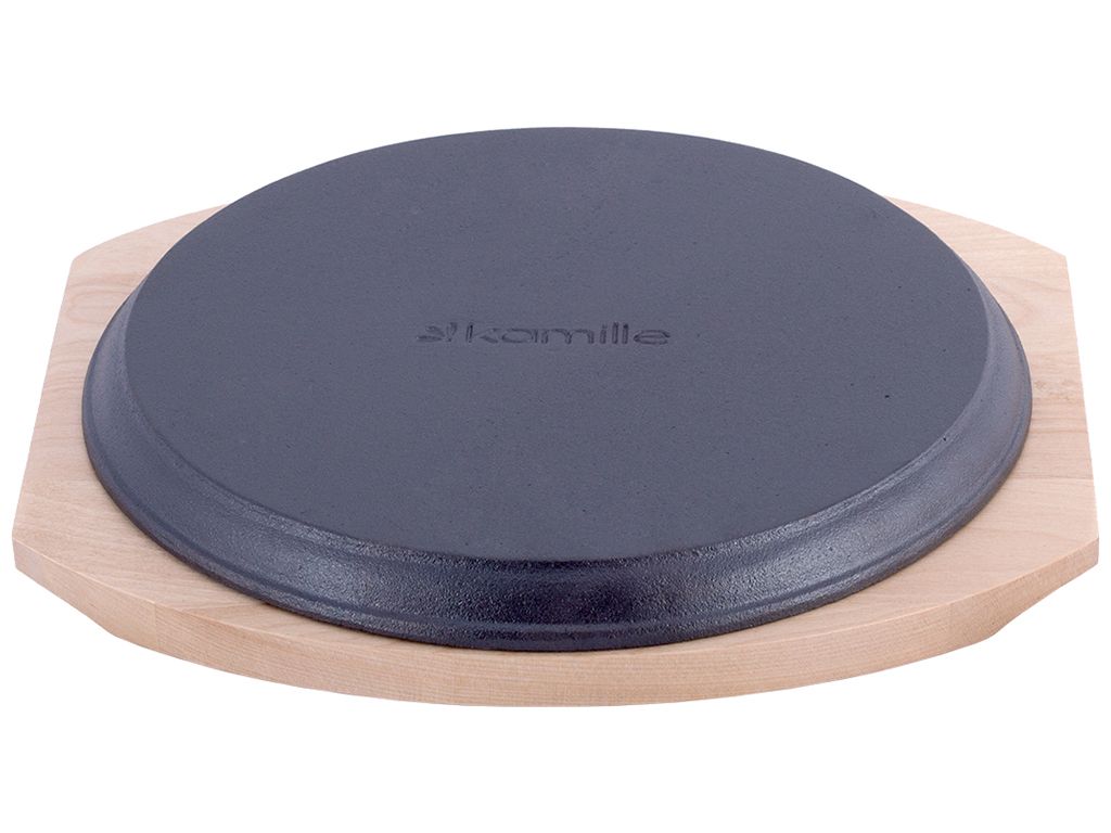 Сковорода чугунная Kamille с деревянной подставкой D25см