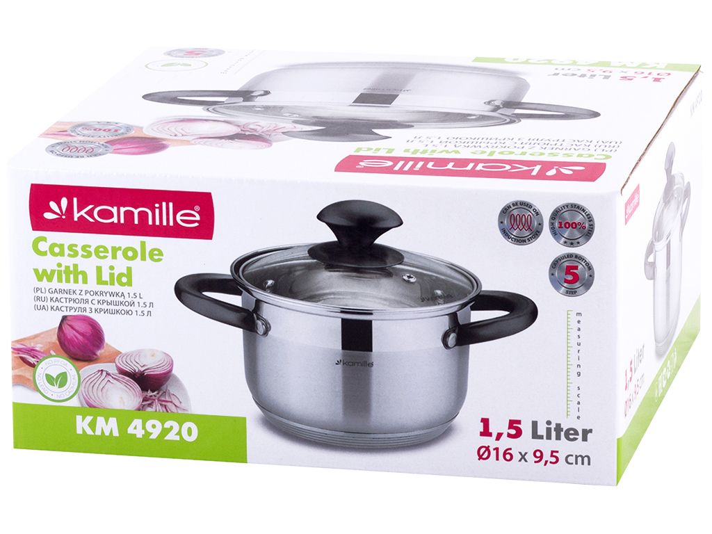 Каструля з кришкою і порожніми чорними ручками Kamille нержавіюча сталь 1,5л