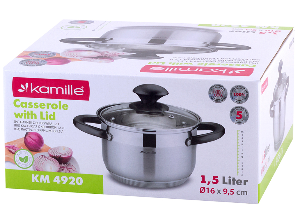 Каструля з кришкою і порожніми чорними ручками Kamille нержавіюча сталь 1,5л