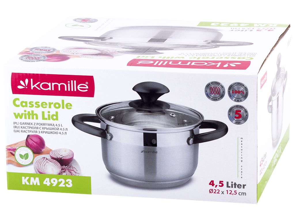 Каструля з кришкою і порожніми чорними ручками Kamille нержавіюча сталь 4,5л