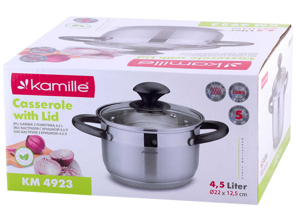 Каструля з кришкою і порожніми чорними ручками Kamille нержавіюча сталь 4,5л