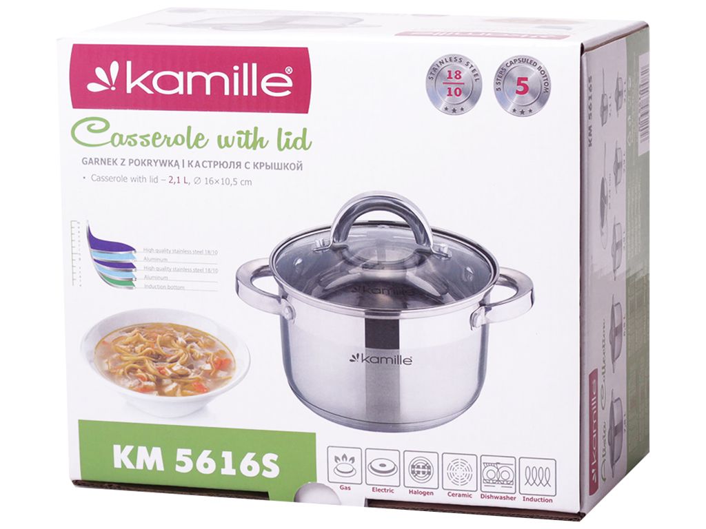 Каструля з кришкою і порожніми ручками Kamille нержавіюча сталь 2,1л