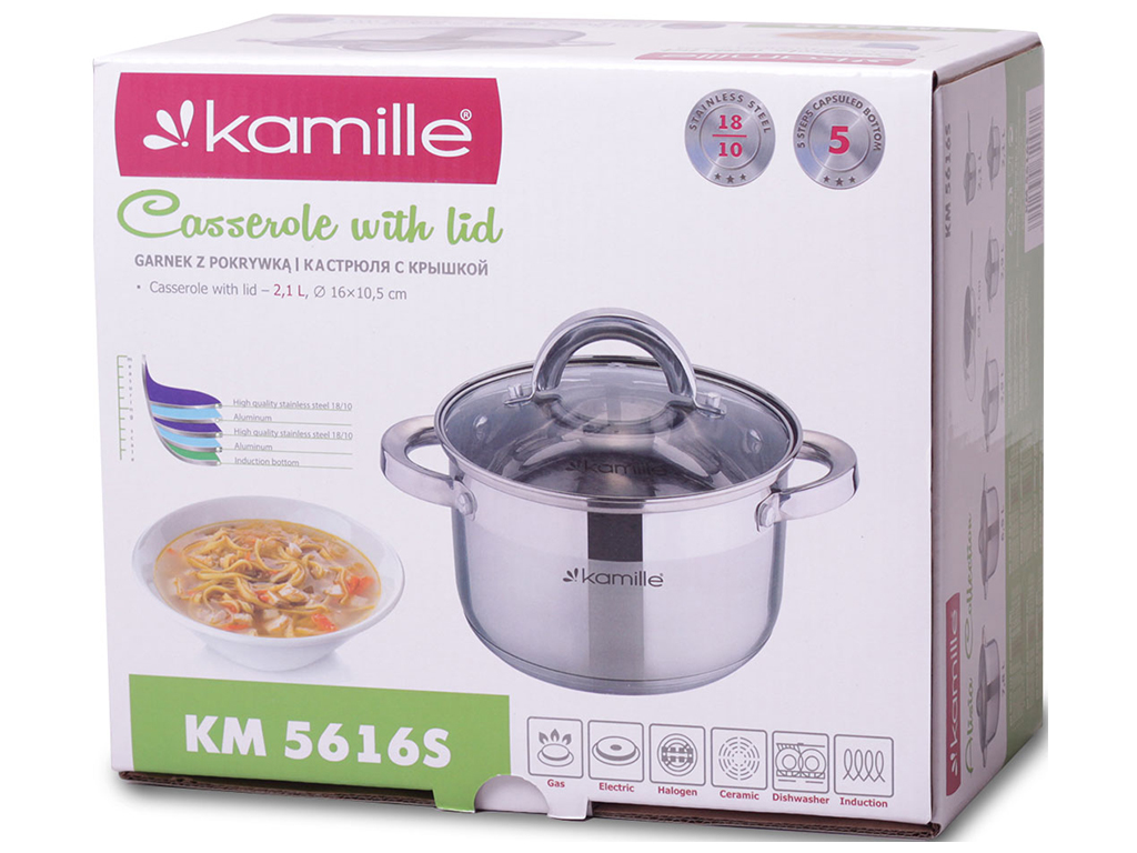 Каструля з кришкою і порожніми ручками Kamille нержавіюча сталь 2,1л