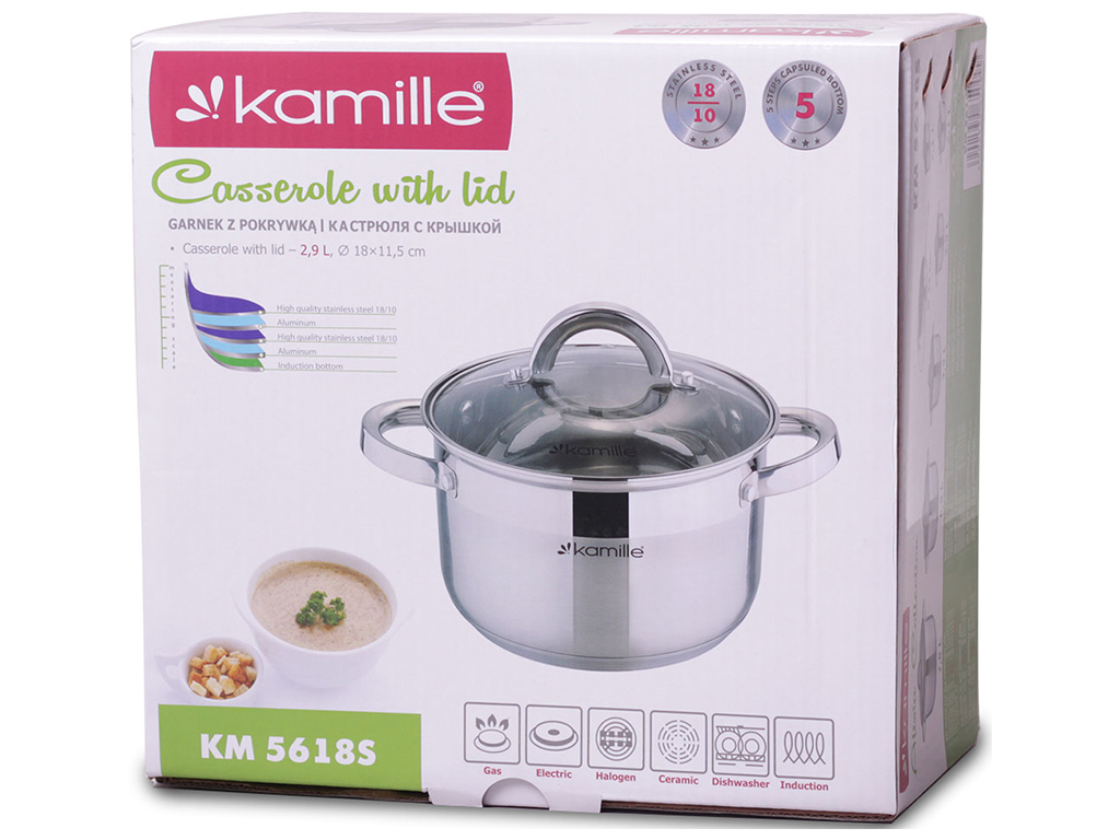 Каструля з кришкою і порожніми ручками Kamille нержавіюча сталь 2,9 л