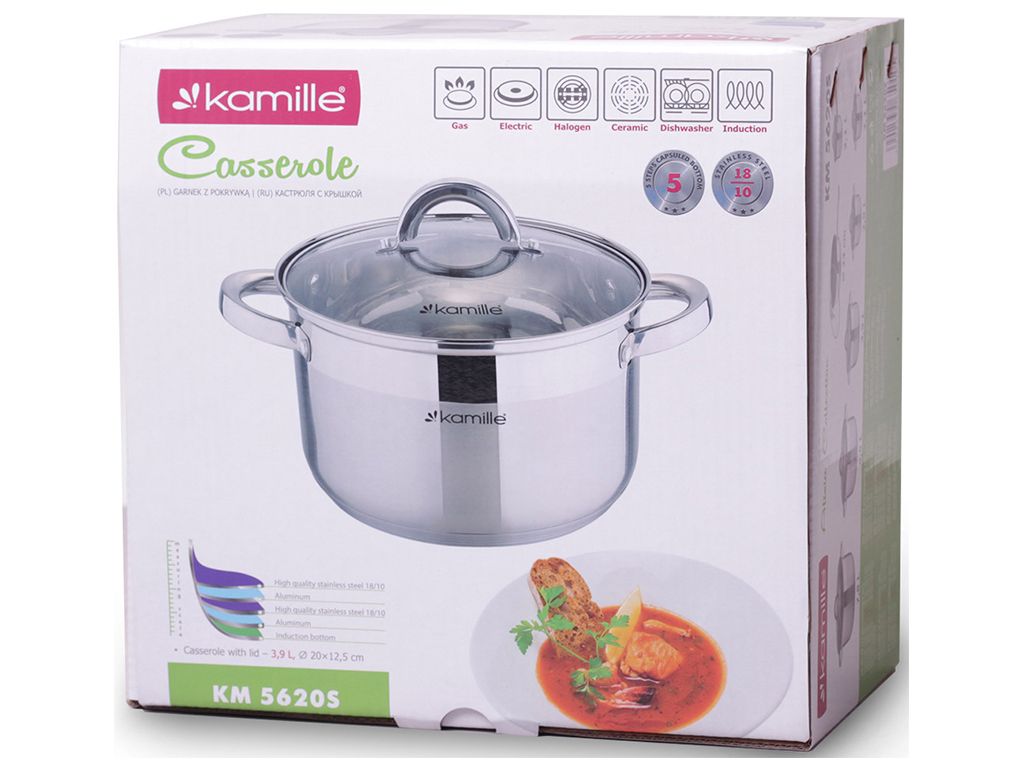 Каструля з кришкою і порожніми ручками Kamille нержавіюча сталь 3,9л