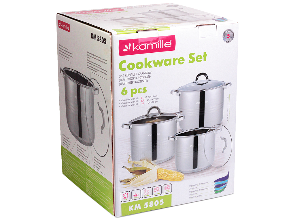 Набір каструль Kamille з нержавіючої сталі 6 предметів (5л, 6,5л, 8л)