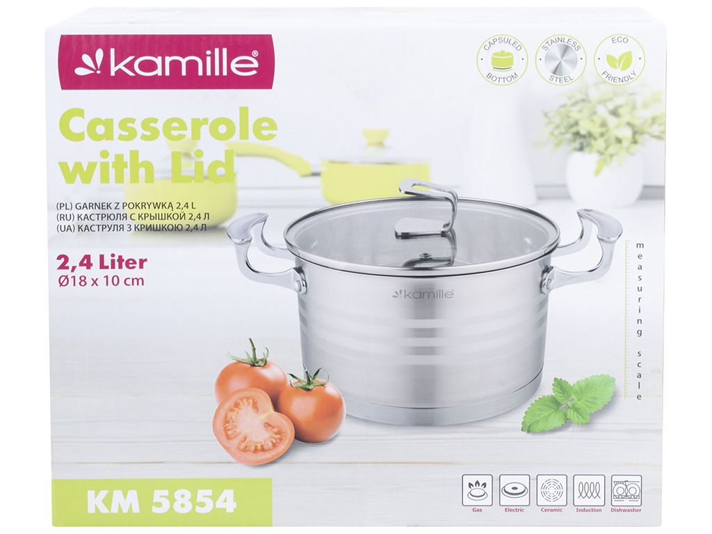 Каструля Kamille з нержавіючої сталі зі скляною кришкою 18х10см 2,4л