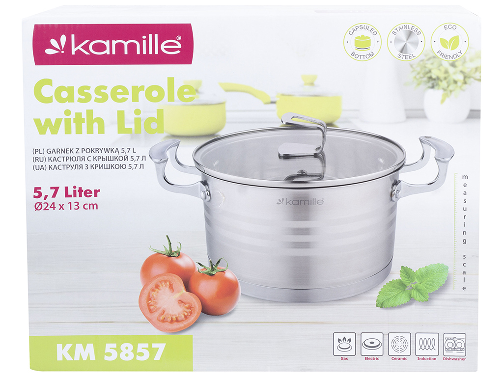Каструля Kamille з нержавіючої сталі з кришкою 24х13см, 5,7л