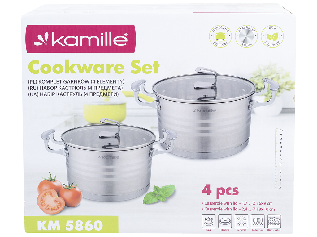 Набір каструль Kamille з нержавіючої сталі 4 предмети (16х9см 1,7л, 18х10см 2,4л)