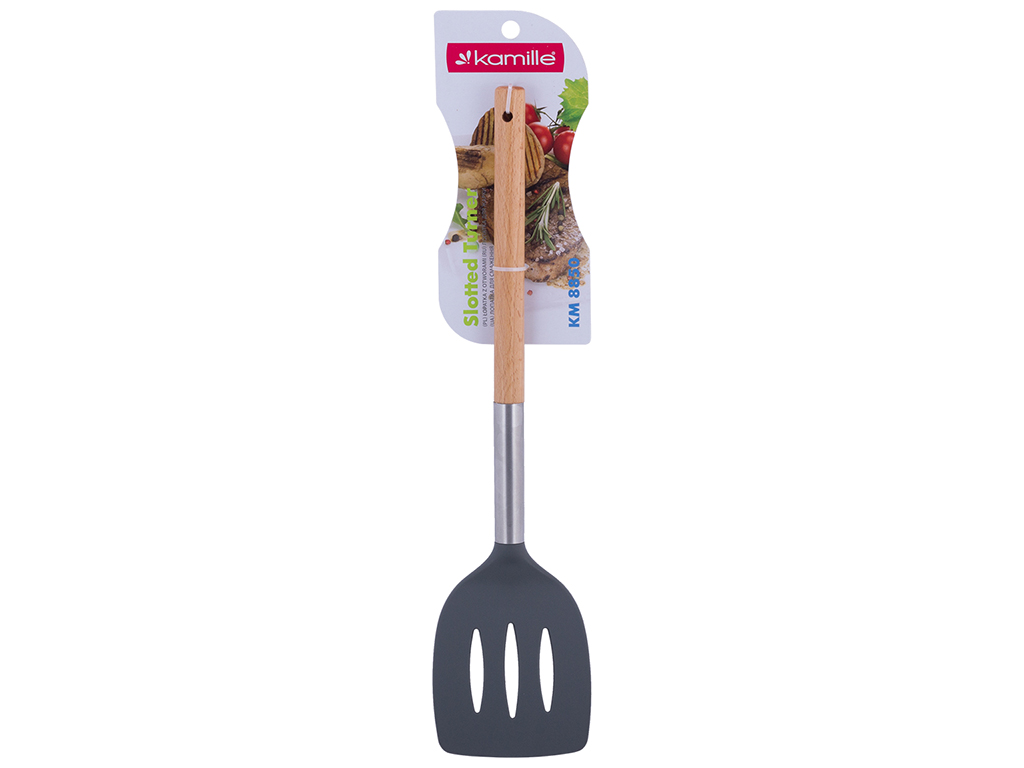 Лопатка Kamille с отверстием нейлоновая с деревянной ручкой 35см