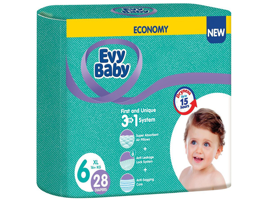 Підгузники дитячі Evy Baby Elastic Twin XL New, розмір 6 (16+кг) 28шт