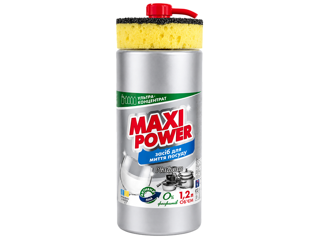 Засіб для миття посуду Maxi Power Platinum, ультраконцентрат із губкою, 1,2 л