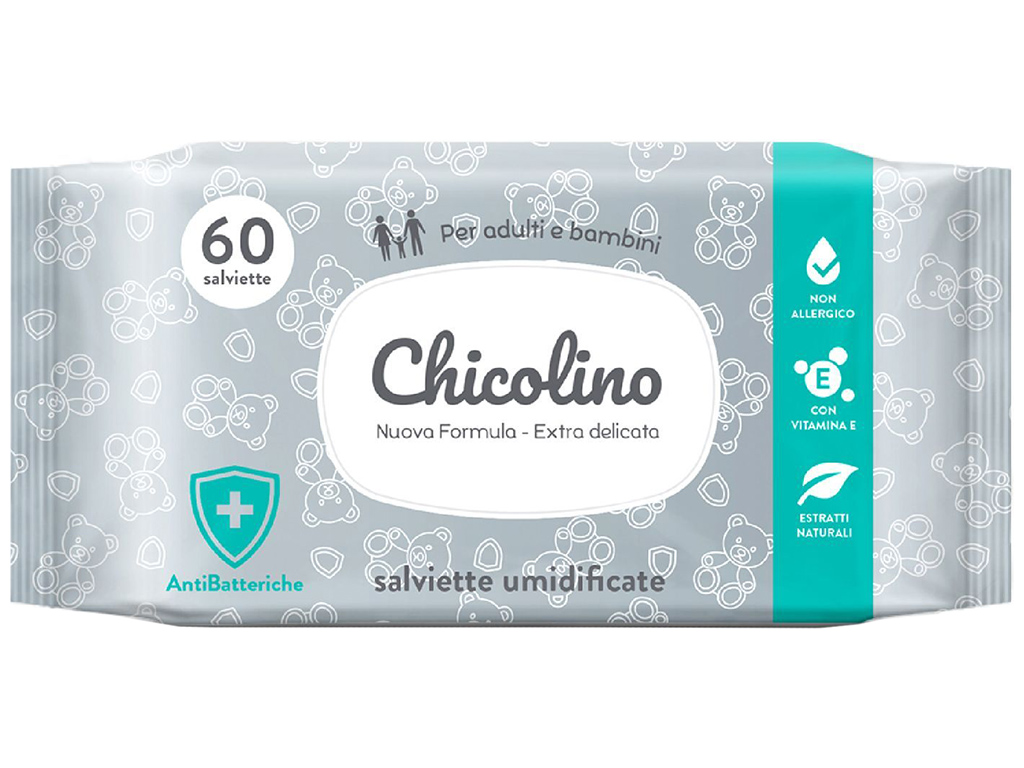 Салфетки влажные для взрослых и детей Chicolino, гипоаллергенные, антибактериальные, без спирта,60шт