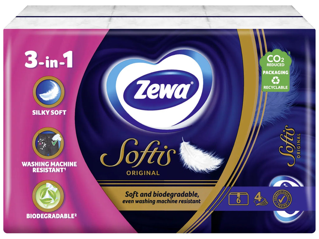 Хусточки паперові Zewa Softis, 4 шари, целюлоза, 6штх9уп