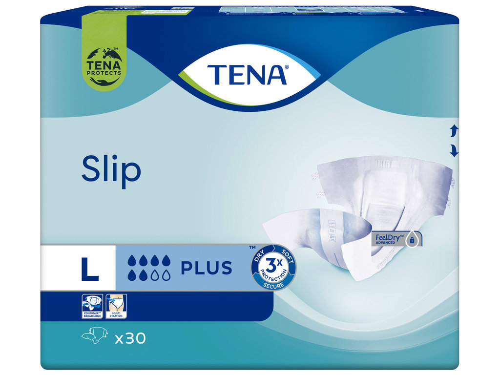 Подгузники для взрослых Tena Slip Plus, одноразовые, полиэстер, целлюлоза, 5 капель, 92–144см, 30шт