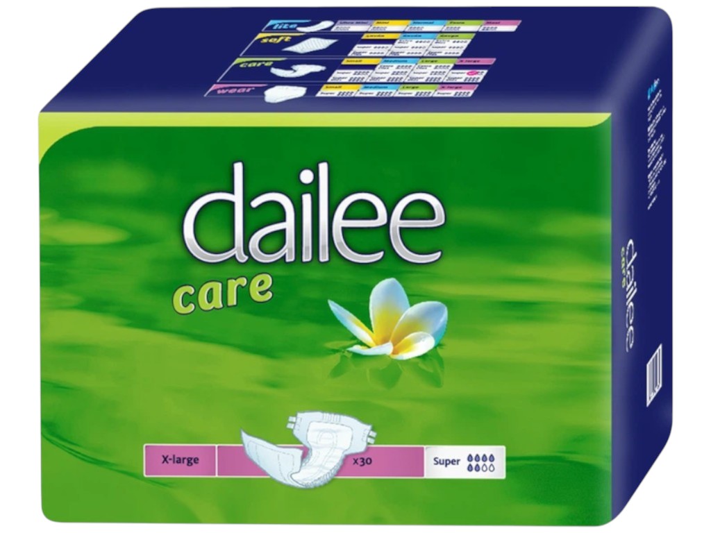 Подгузники для взрослых Dailee Care Super ExtraLarge, 6 капель, до 2700мл, 46х28х19см, 30шт/уп