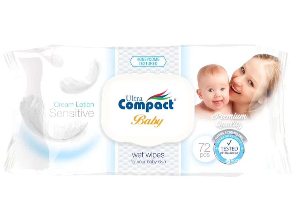 Салфетки влажные для детей Ultra Compact Baby, с первых дней жизни, с клапаном, 72шт