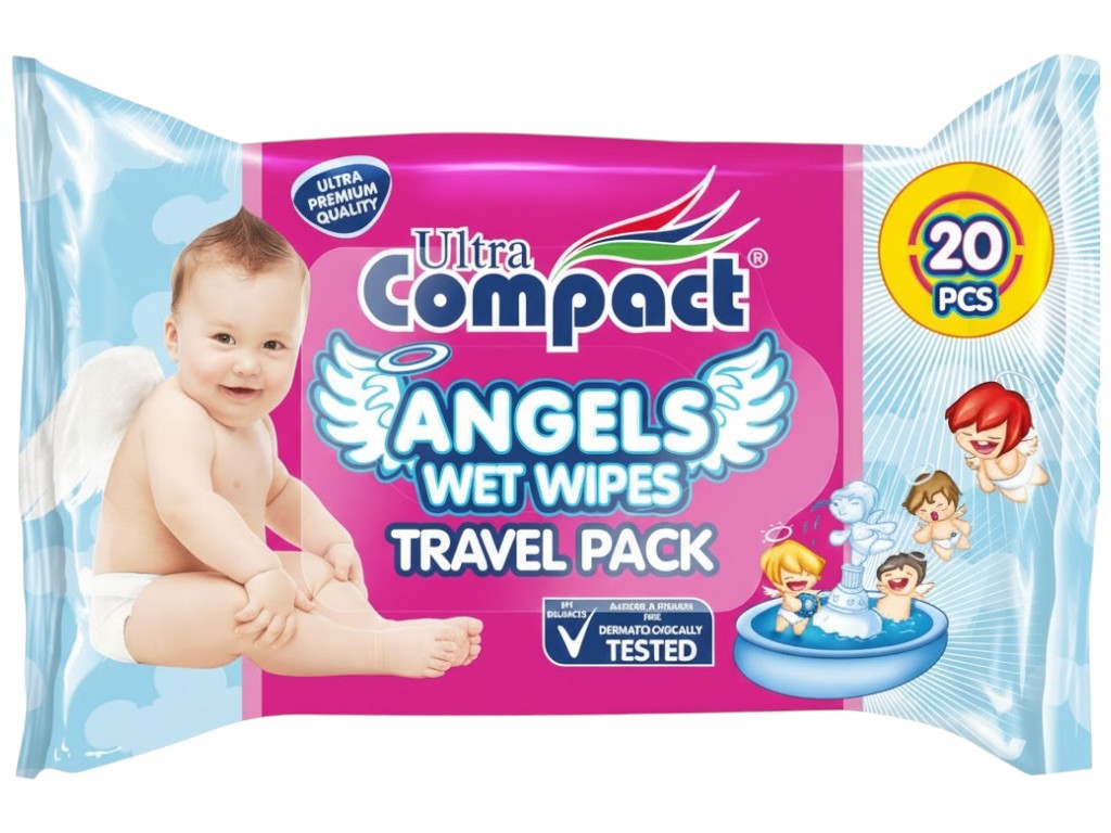 Салфетки влажные детские Ultra Compact Angels Baby, с первых дней жизни, без клапана, 20шт