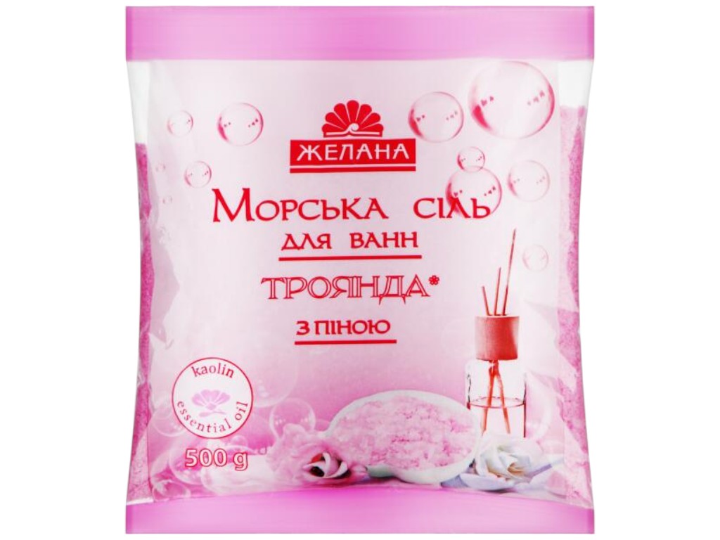 Соль для ванны Желана, морская с пеной и каолином роза, 500г