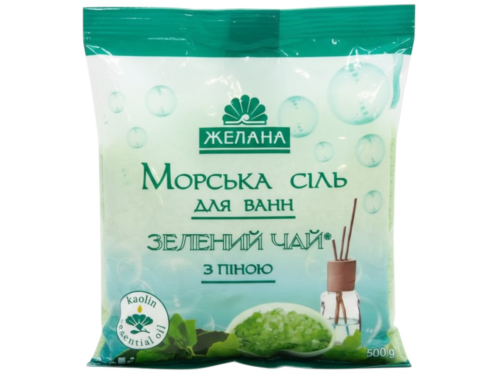 Сіль для ванни Желана, морська з піною та каоліном зелений чай, 500г