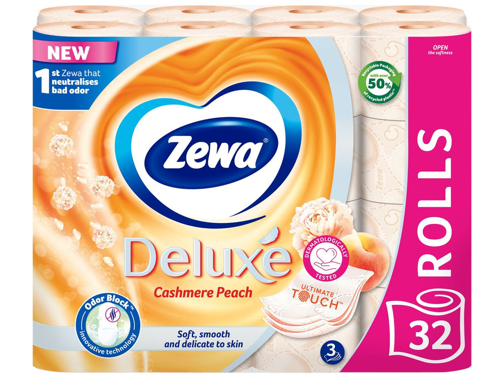 Бумага туалетная Zewa Deluxe Персик, 150 листов, 3 слоя, целлюлоза, аромат персика, 32 рулона