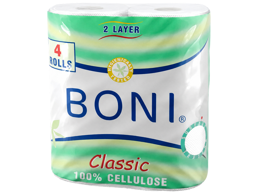 Туалетная бумага Boni Classic, целлюлоза, 2 слоя, 4шт, (цена за набор)