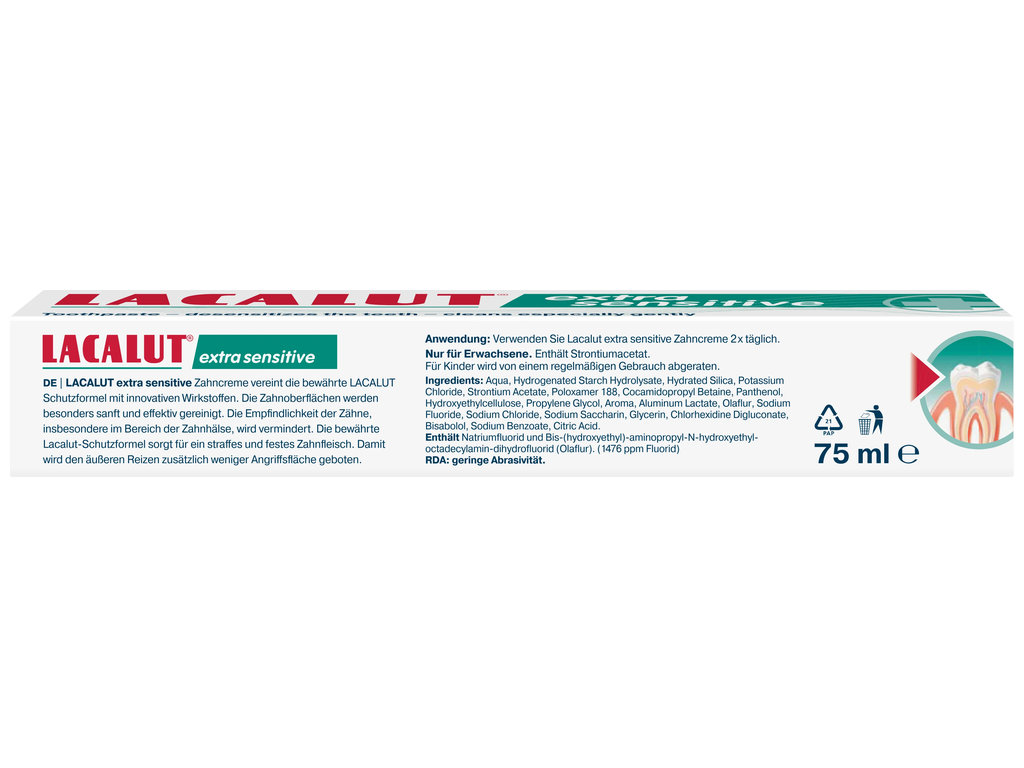 Паста зубна Lacalut Extra Sensitive, зниження чутливості та догляд за ясен, 75мл