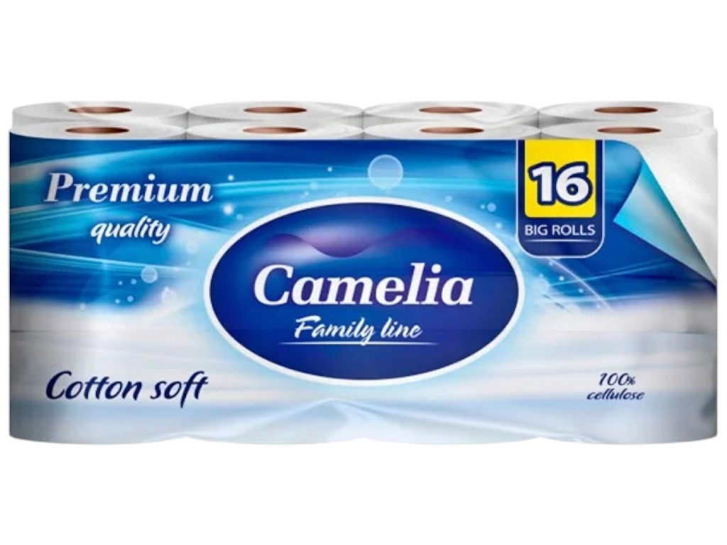 Папір туалетний Camelia Premium, 3 шари, 16 рулонів, 161 лист, 100% целюлоза, колір білий