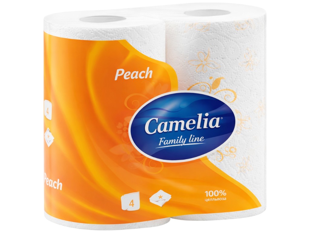 Папір туалетний Camelia Персик, 3 шари, 4 рулони, 125 листів, 100% целюлоза, колір білий