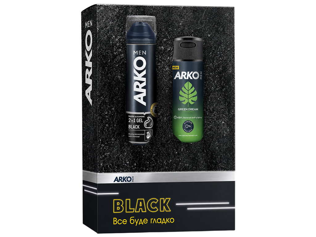 Набір косметики ARKO MEN Black і Green Dream, гель для гоління та дезодорант-спрей, 2 шт