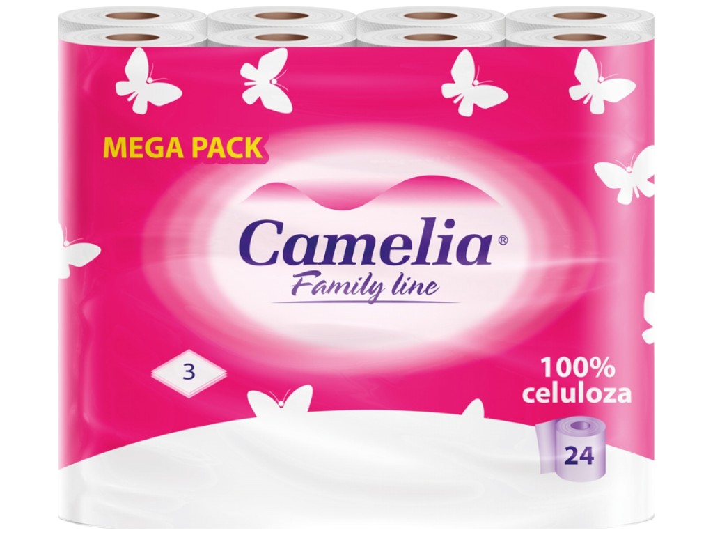 Бумага туалетная Camelia Family Line, 3 слоя, 24 рулона, 91 лист, 100% целлюлоза, цвет белый