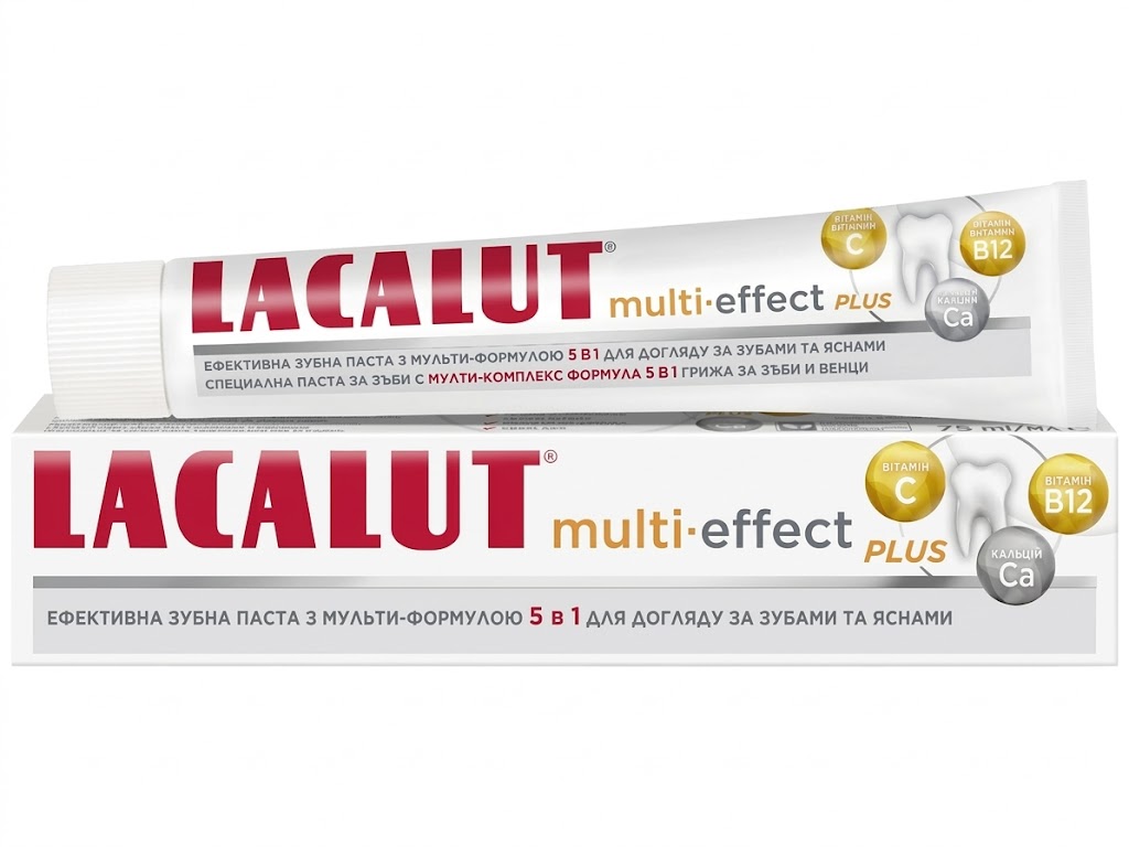 Паста зубна Lacalut Multi-effect Plus, комплексна, захист від карієсу та ремінералізація, 75мл