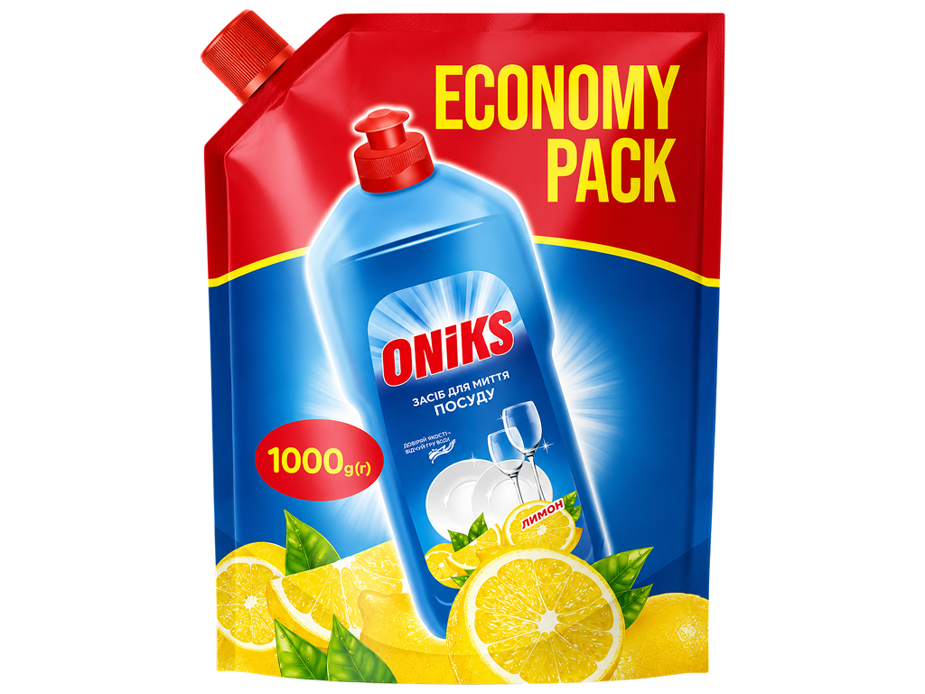 Гель для миття посуду Oniks, концентрат, лимон, дой-пак, 1 л
