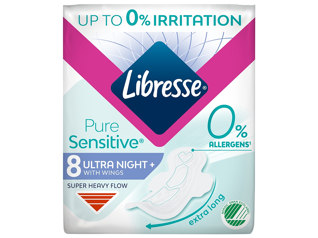 Прокладки гігієнічні Libresse Pure Sensitive Ultra Night, нічні, з крильцями, 6 крапель, 8шт