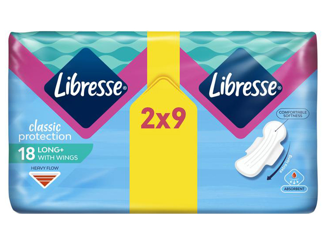 Прокладки гігієнічні Libresse Classic Protection Long+ з крилами, 18 шт (2×9)
