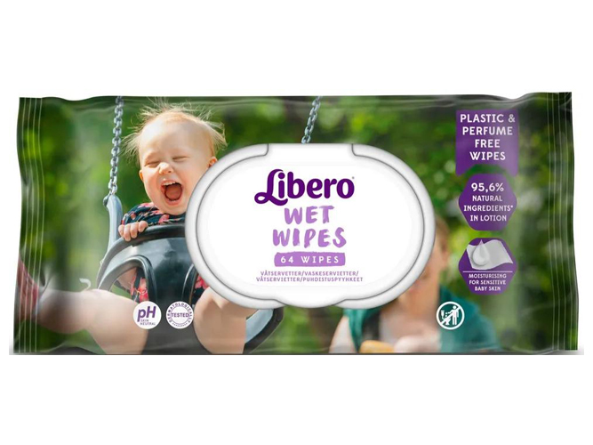 Салфетки влажные детские Libero Wet Wipes, без аромата, с клапаном, 64шт