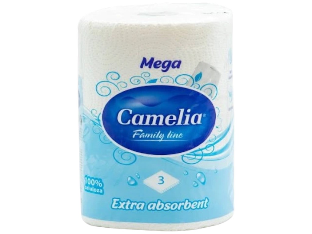 Полотенца бумажные Camelia Mega, 3 слоя, 1 рулон, 131 лист, 100% целлюлоза, цвет белый